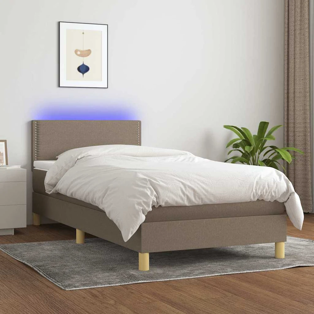 Lova su spyruoklėmis/čiužiniu/LED, taupe, 90x200 cm, audinys