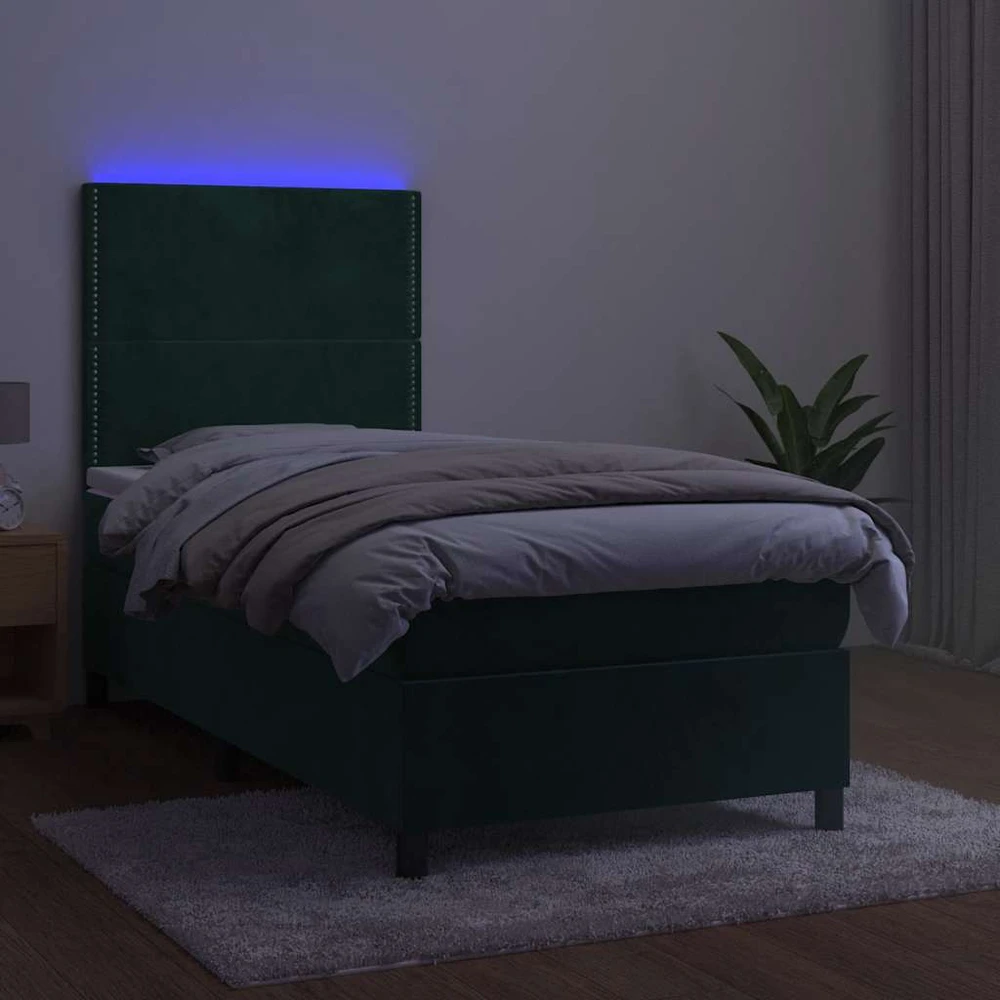Lova su spyruoklėmis/čiužiniu/LED, žalia, 90x200cm, aksomas