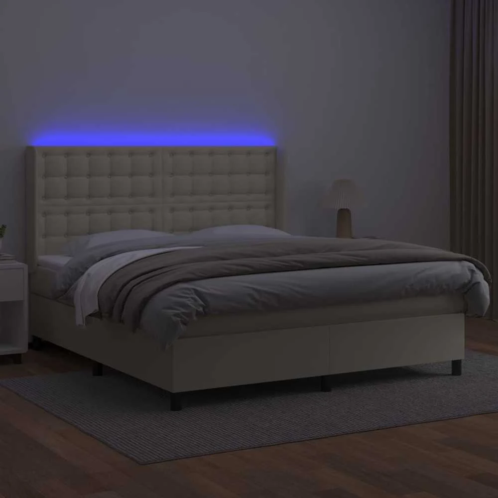 Lova su spyruoklėmis ir čiužiniu/LED, kreminė, 180x200 cm