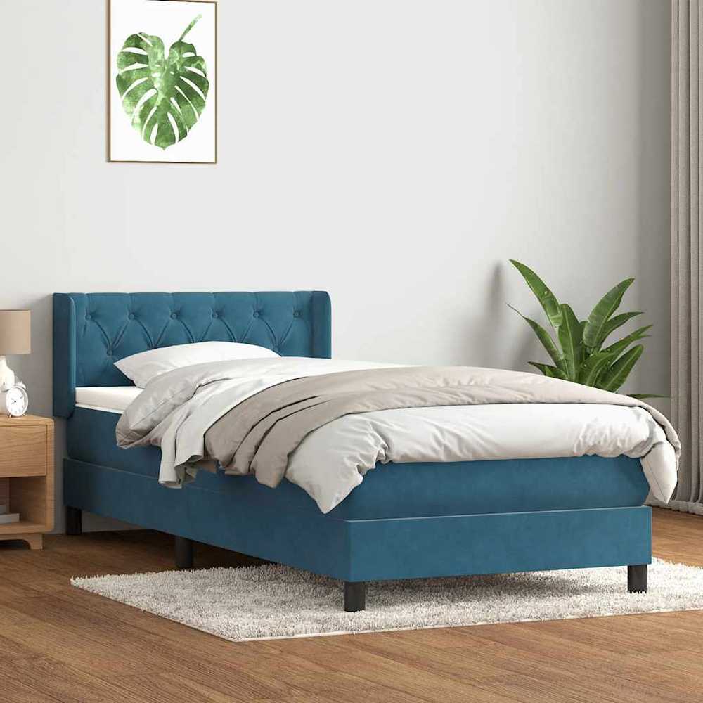 Lova su spyruoklėmis ir čiužiniu, mėlyna, 80x220cm, aksomas
