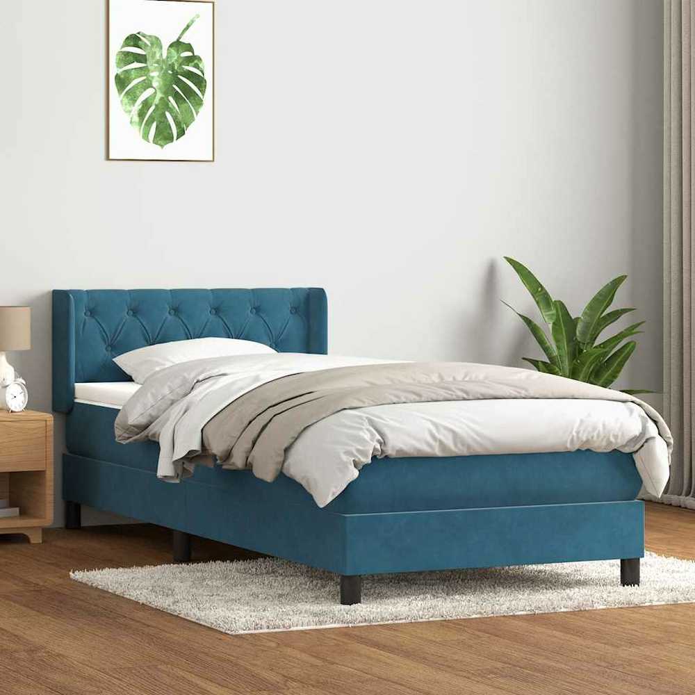 Lova su spyruoklėmis ir čiužiniu, mėlyna, 80x220cm, aksomas