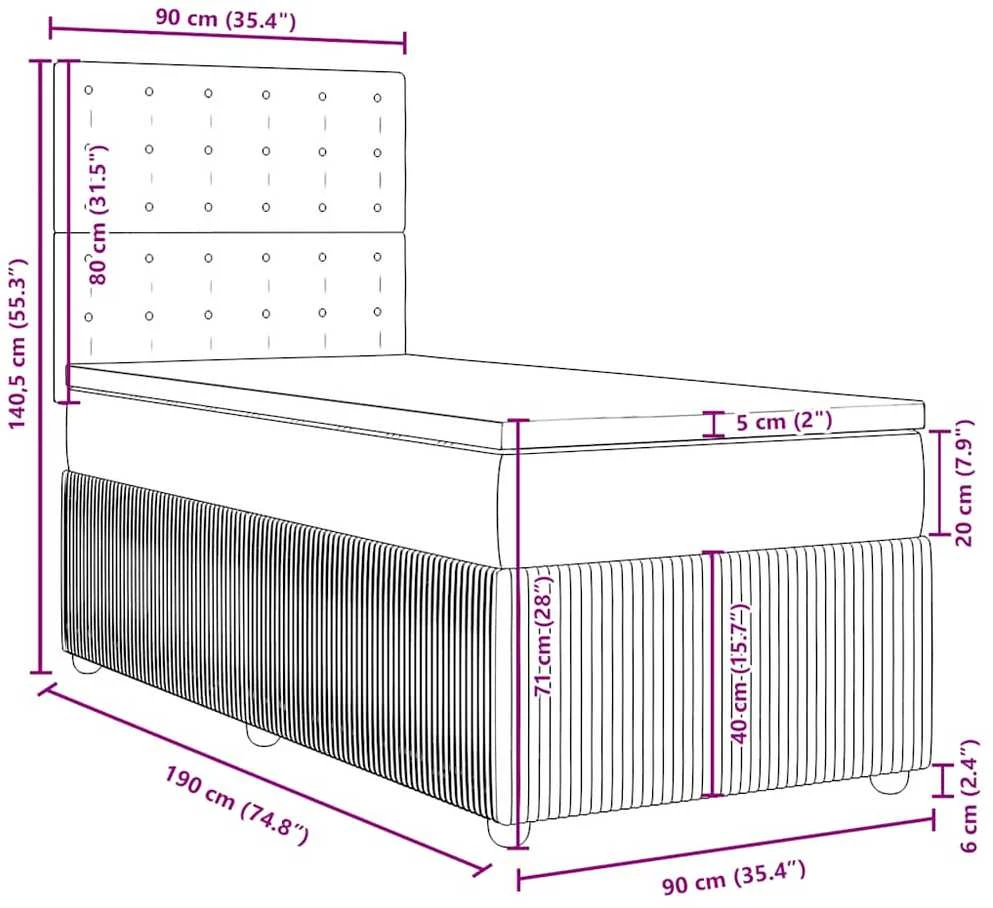 Lova su spyruoklėmis ir čiužiniu, pilka, 90x190 cm, audinys