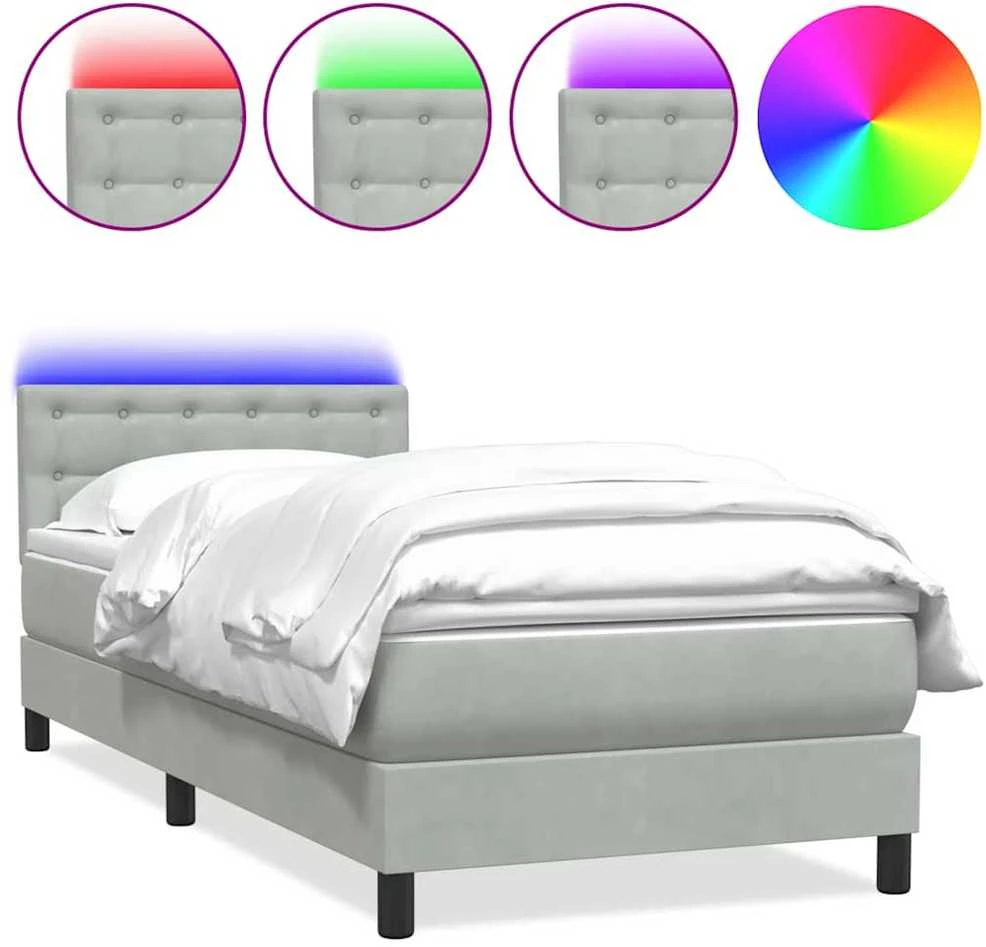 Lova su spyruokliniu/čiužiniu/LED, šviesiai pilka, 80x220 cm, aksomas