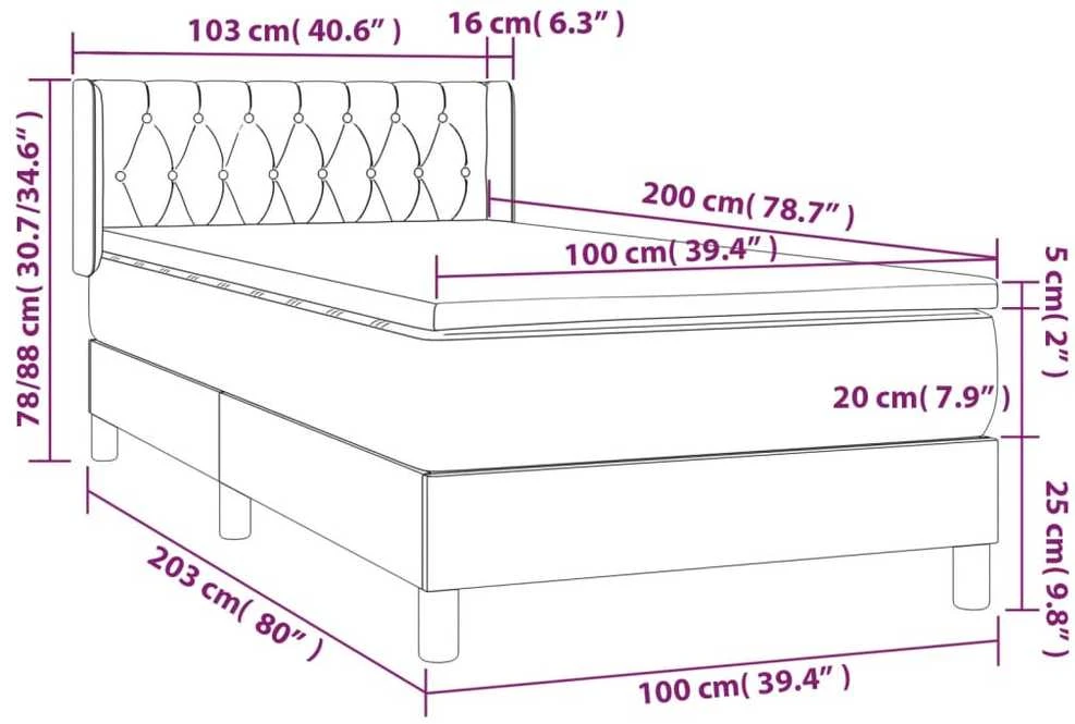 Lova su spyruoklėmis ir čiužiniu, pilka, 100x200 cm, aksomas