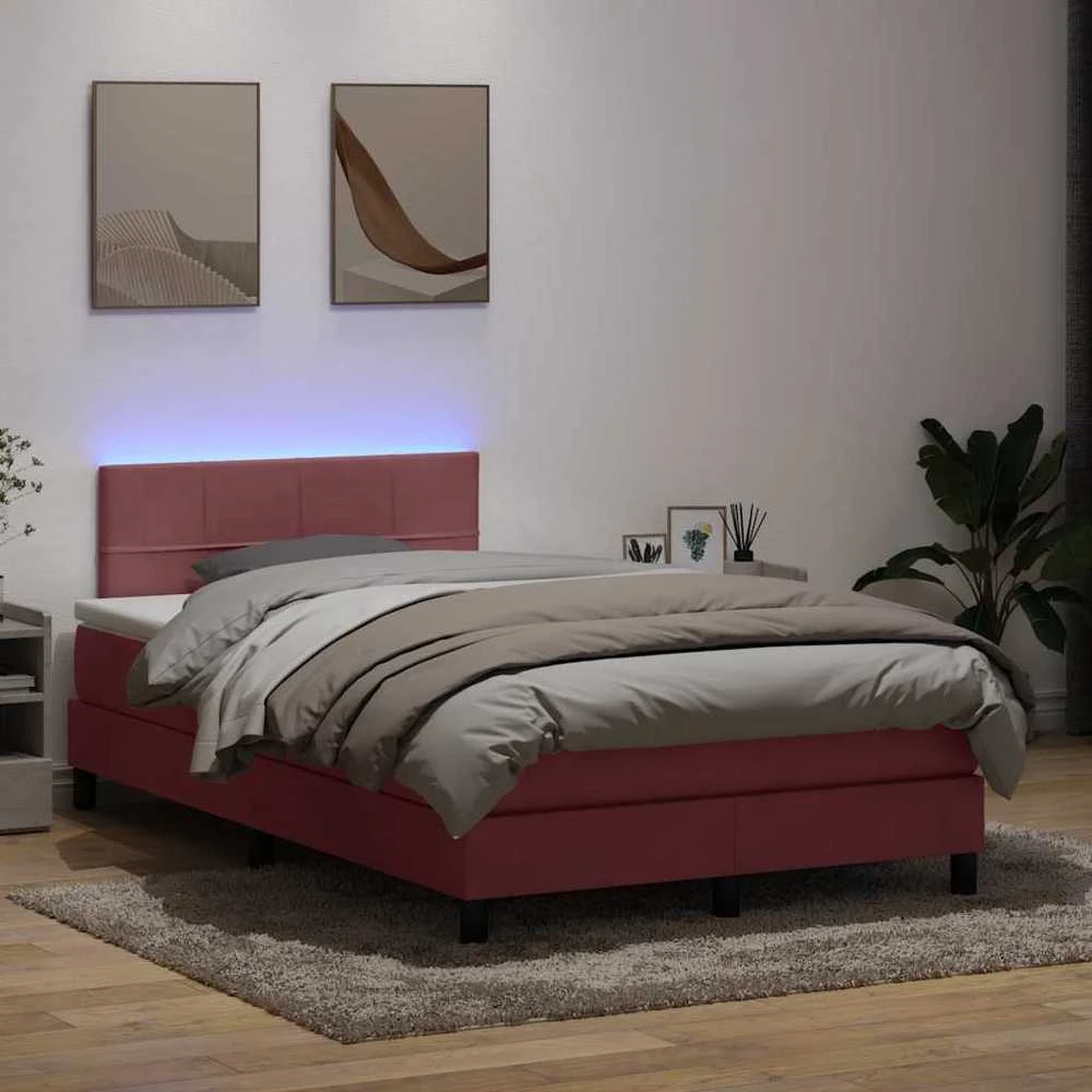 Lova su spyruokliniu/čiužiniu/LED, rožinė, 120x220 cm, aksomas