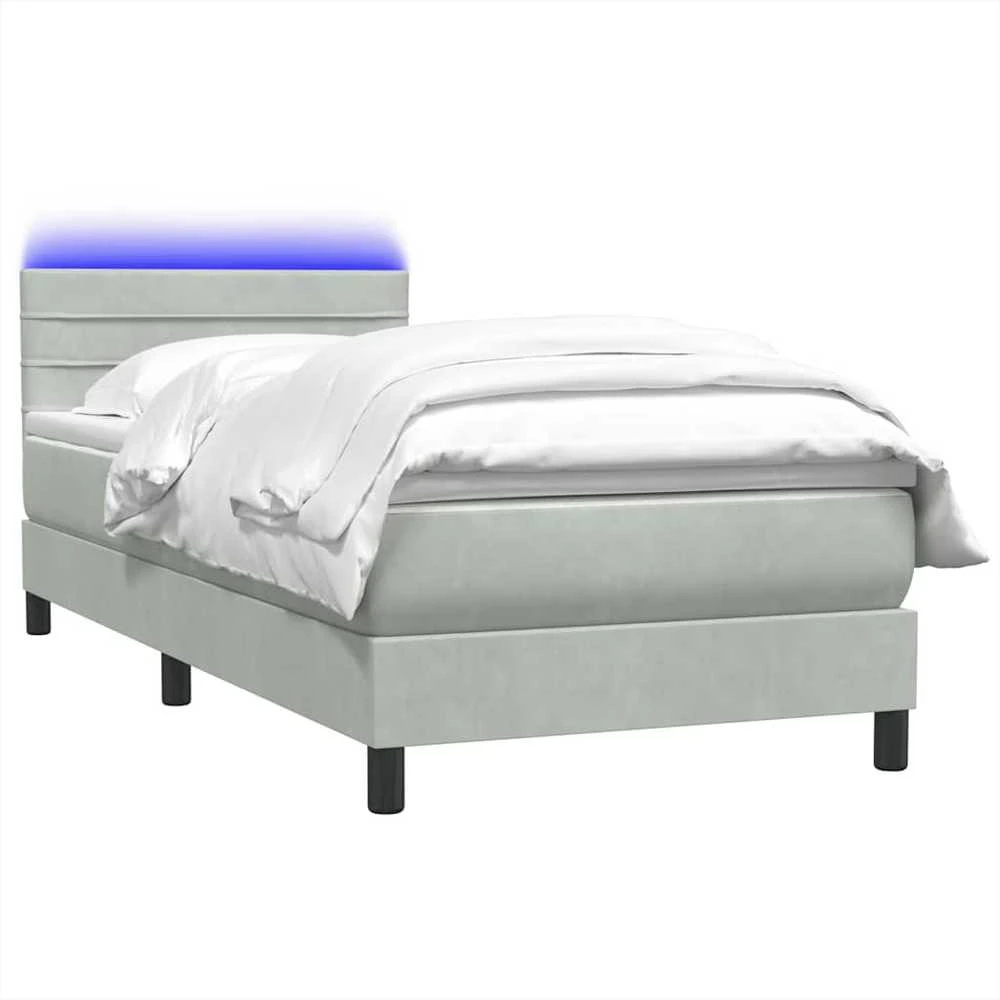 Lova su spyruokliniu/čiužiniu/LED, šviesiai pilka, 80x210 cm, aksomas