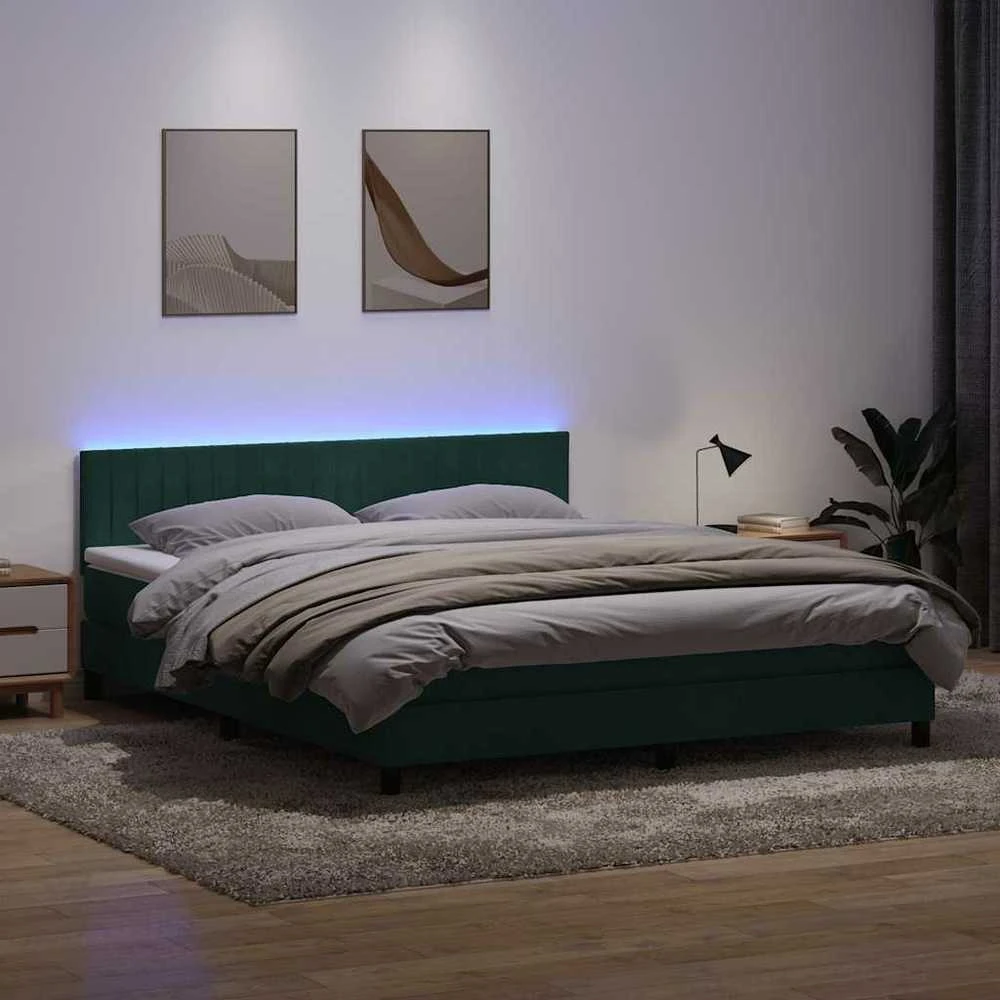 Lova su spyruokliniu/čiužiniu/LED, tamsiai žalia, 180x220 cm, aksomas