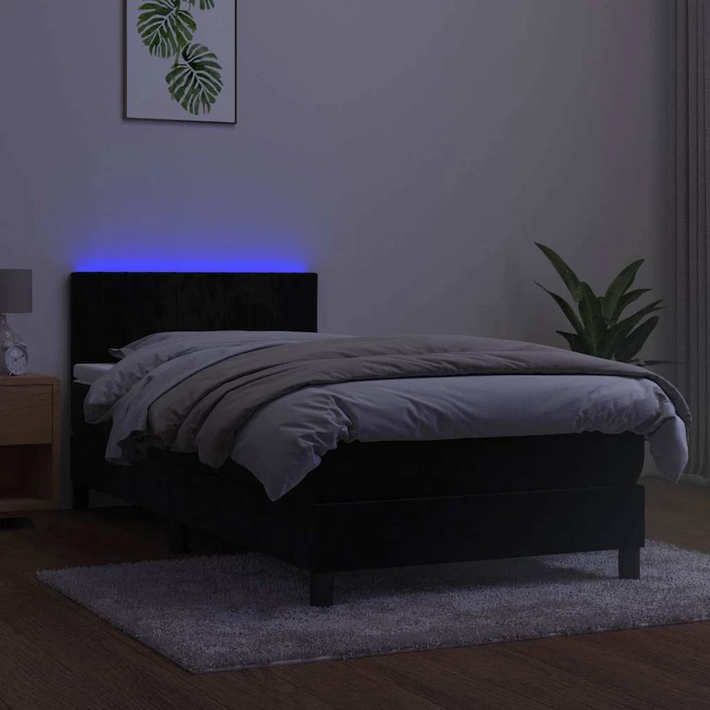 Lova su spyruoklėmis/čiužiniu/LED, juoda, 100x200cm, aksomas