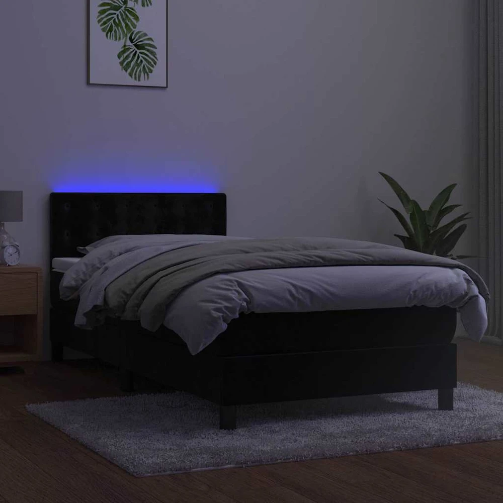 Lova su spyruoklėmis/čiužiniu/LED, juoda, 80x200cm, aksomas