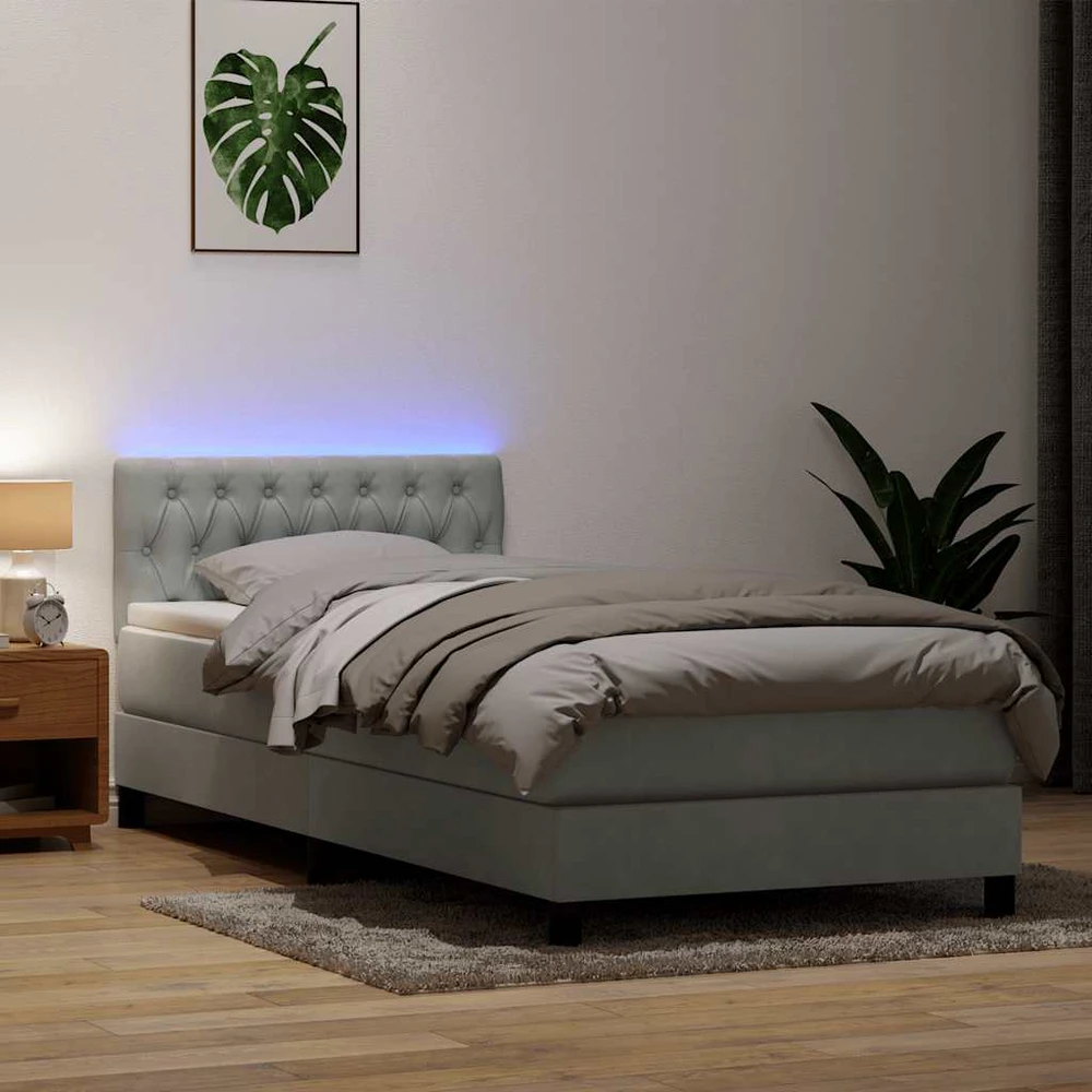 Lova su spyruokliniu/čiužiniu/LED, šviesiai pilka, 90x220 cm, aksomas