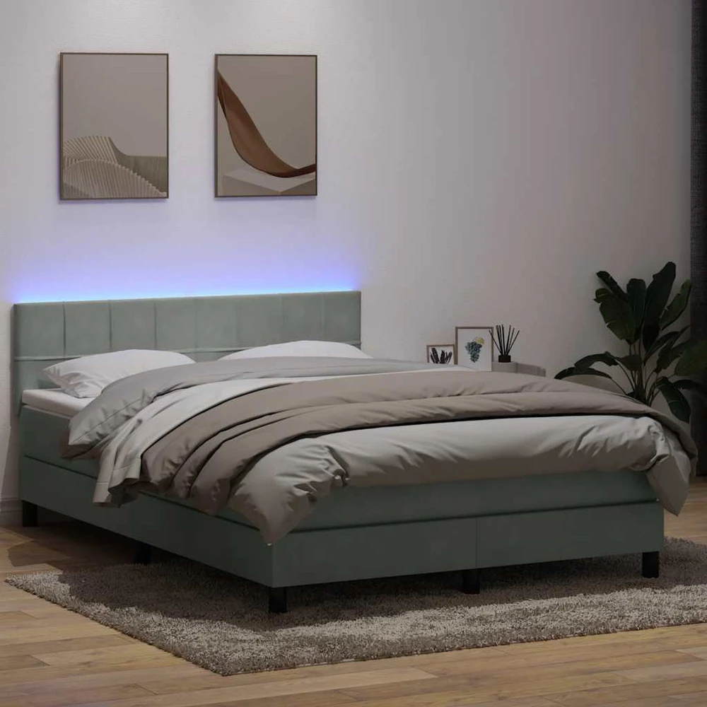 Lova su spyruokliniu/čiužiniu/LED, šviesiai pilka, 160x210 cm, aksomas