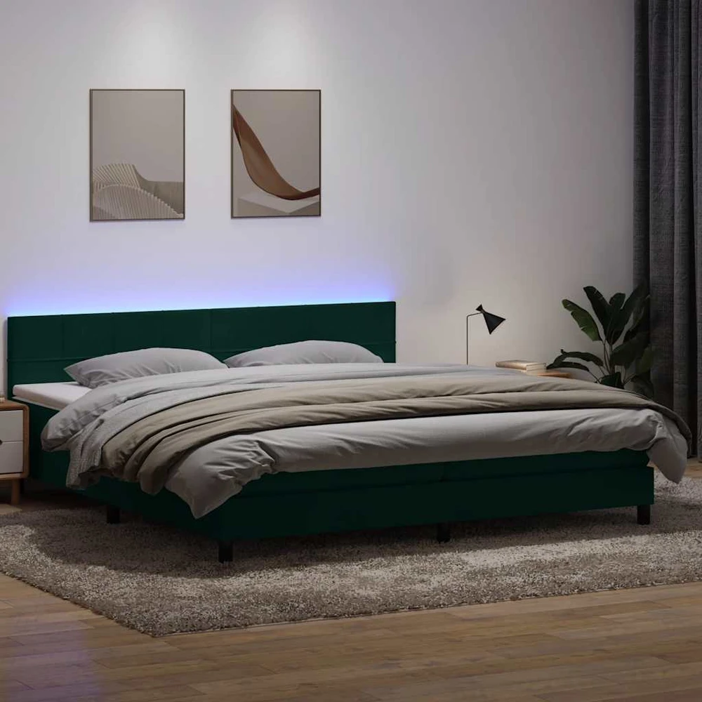 Lova su spyruokliniu/čiužiniu/LED, tamsiai žalia, 180x220 cm, aksomas