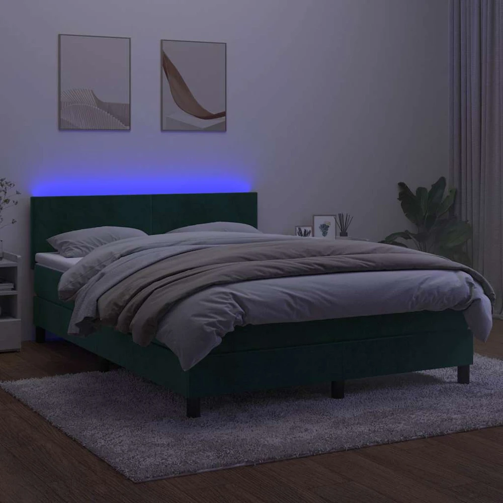 Lova su spyruoklėmis/čiužiniu/LED, žalia, 140x190cm, aksomas
