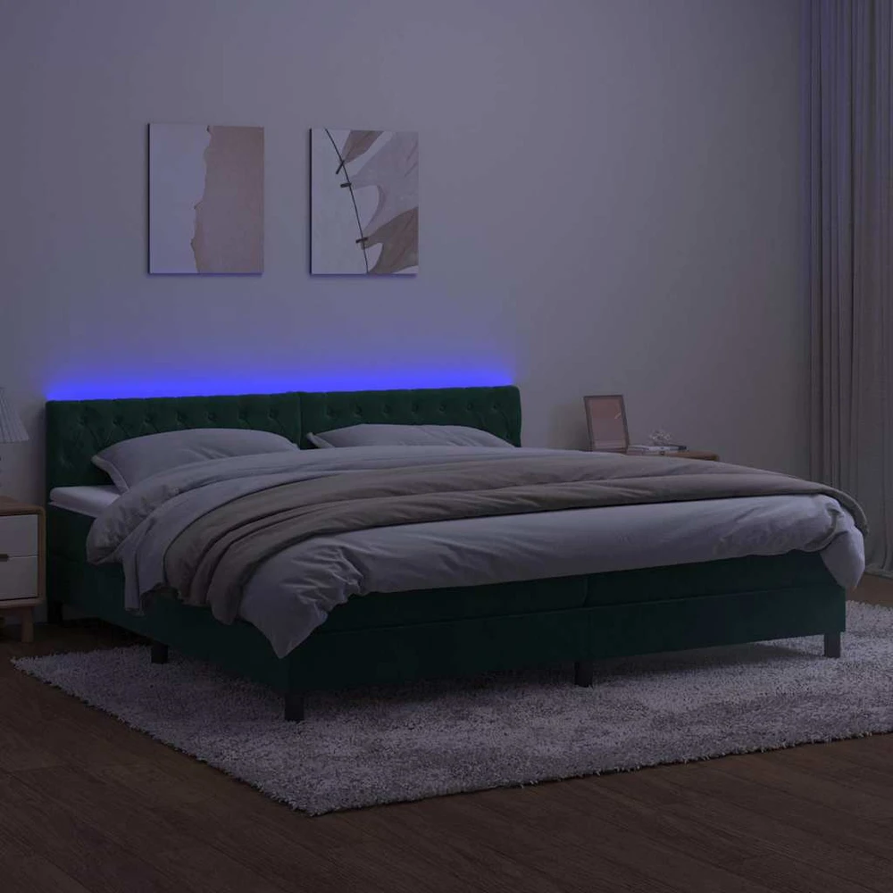 Lova su spyruoklėmis/čiužiniu/LED, žalia, 200x200cm, aksomas