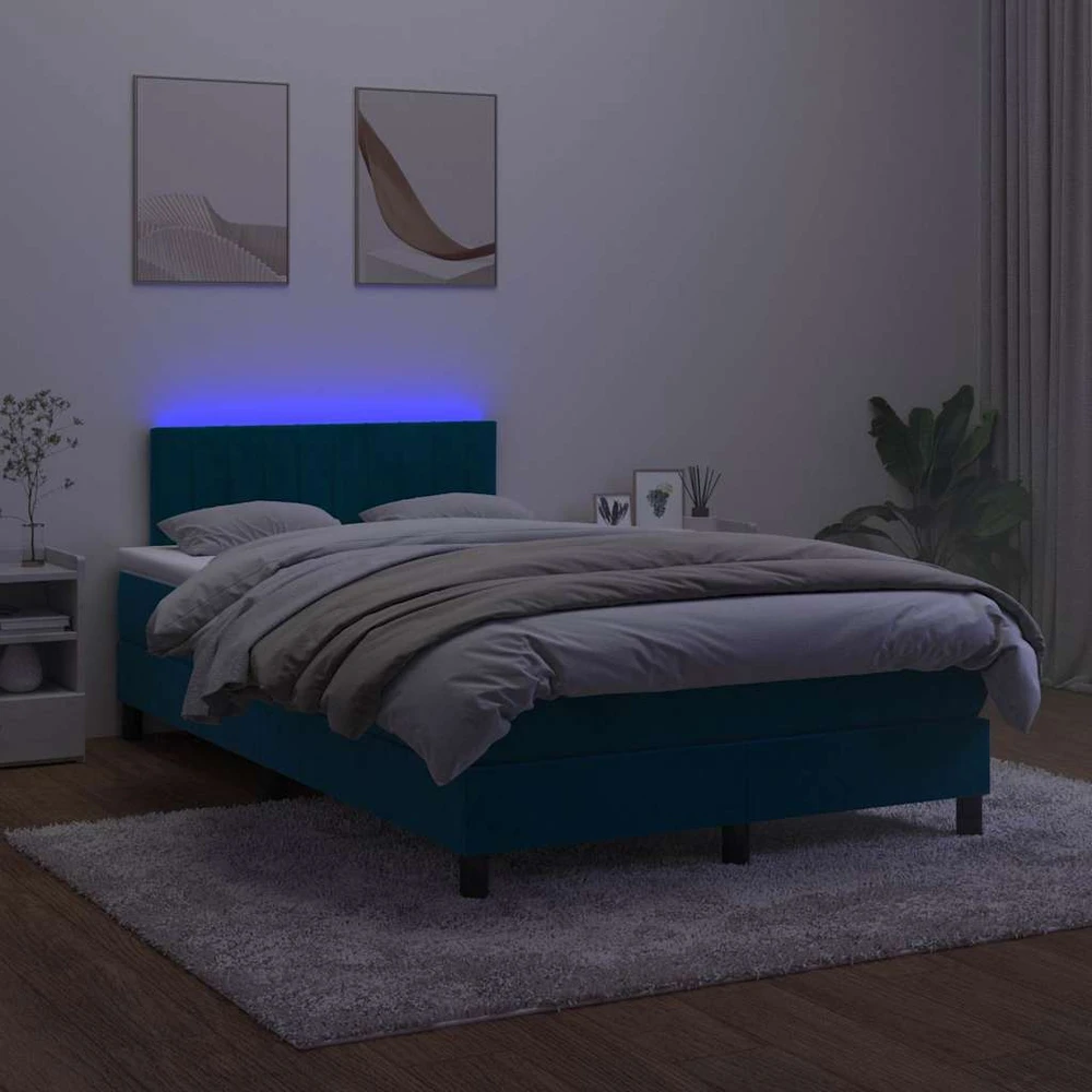 Lova su spyruoklėmis/čiužiniu/LED, mėlyna, 120x200cm, aksomas