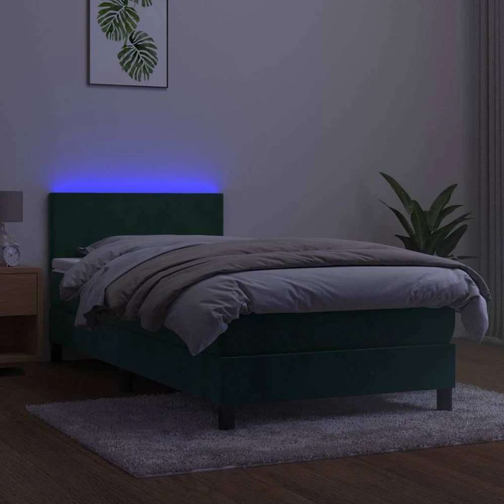 Lova su spyruoklėmis/čiužiniu/LED, žalia, 100x200cm, aksomas