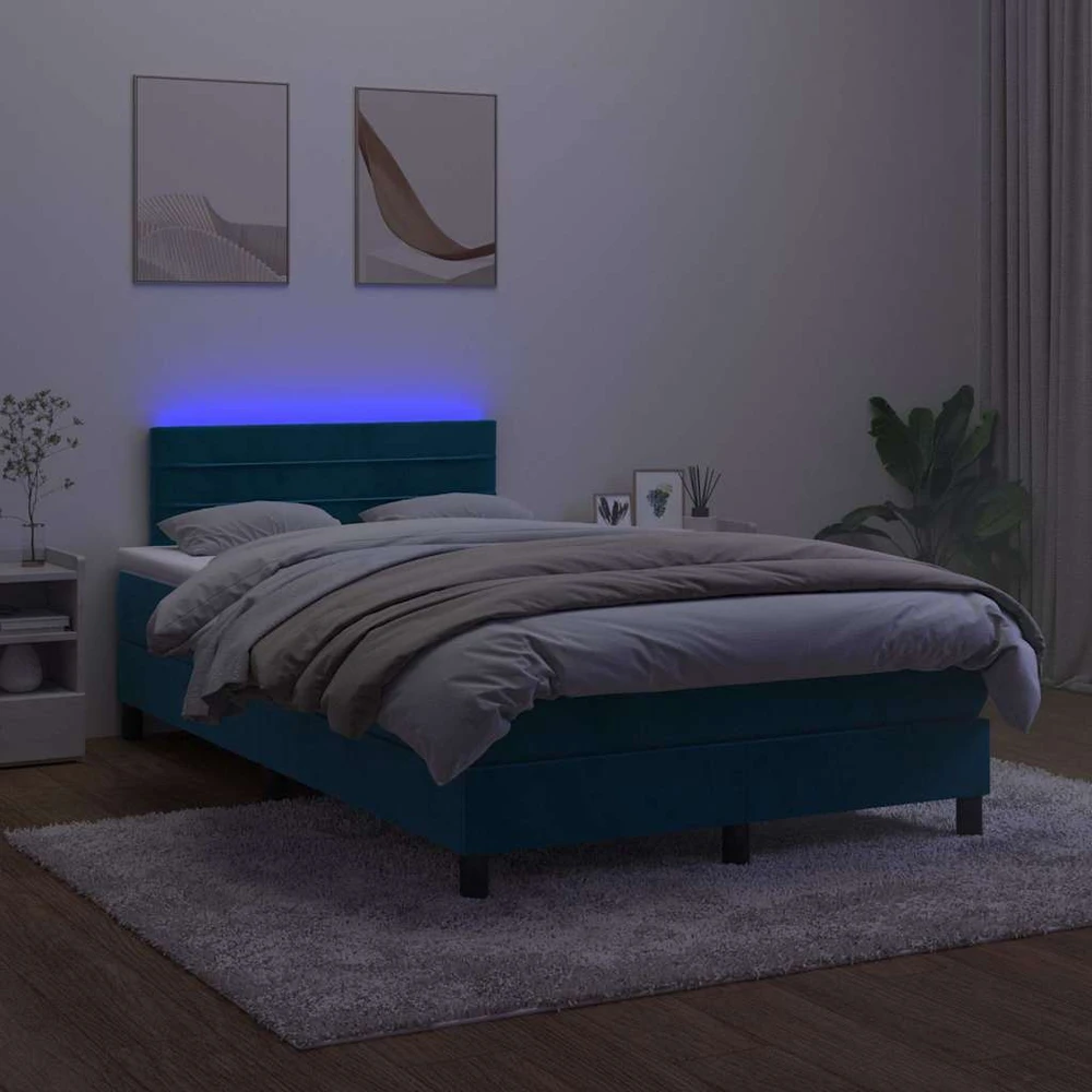 Lova su spyruoklėmis/čiužiniu/LED, mėlyna, 120x200cm, aksomas