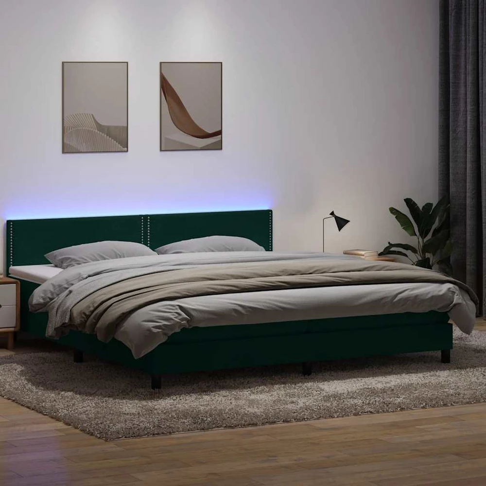 Lova su spyruokliniu/čiužiniu/LED, tamsiai žalia, 180x220 cm, aksomas