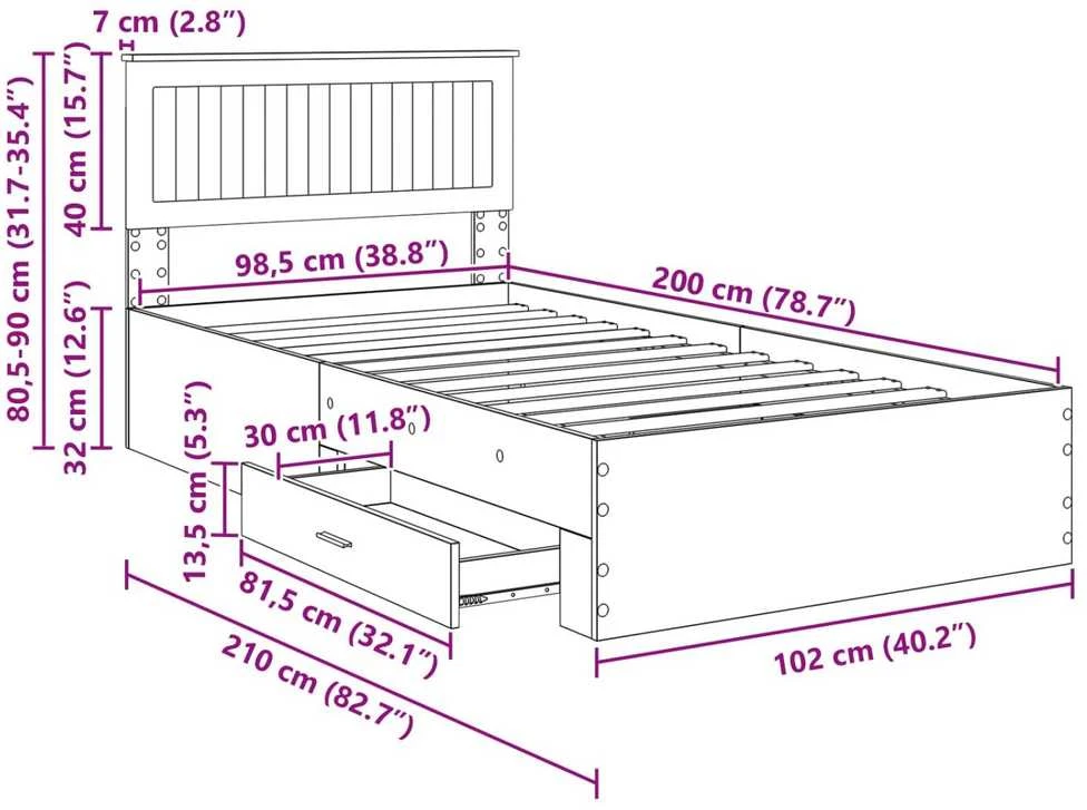 Lova Lovos rėmas Artisano ąžuolo 100 x 200 cm Apdirbta mediena