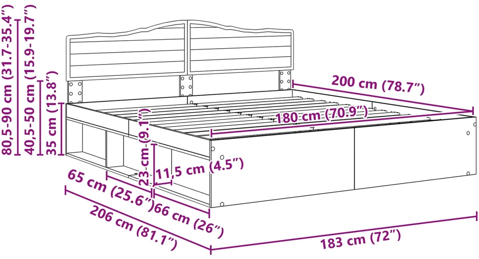 Lovos rėmas Balta 180 x 200 cm Kietos pušies mediena