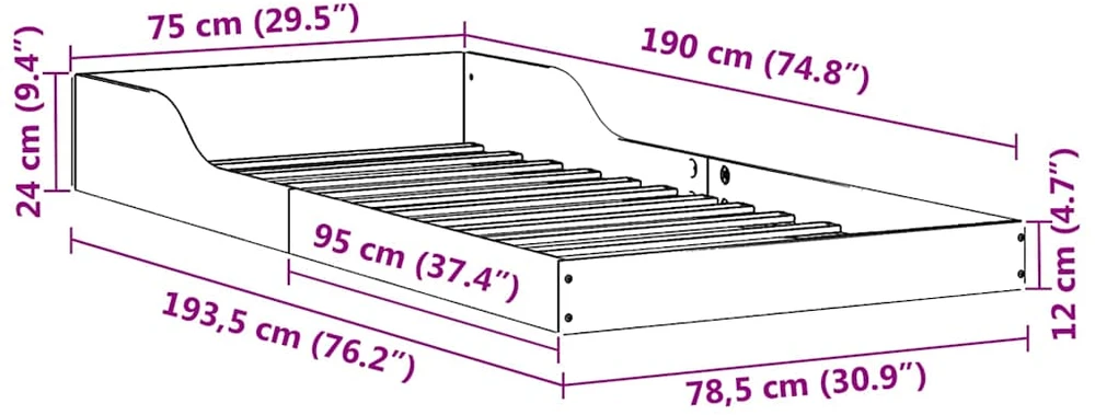 Lova Lovos rėmas Balta 75 x 190 cm Kietos pušies mediena