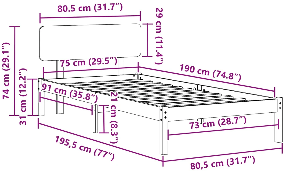 Lova Lovos rėmas Balta 75 x 190 cm Kietos pušies mediena