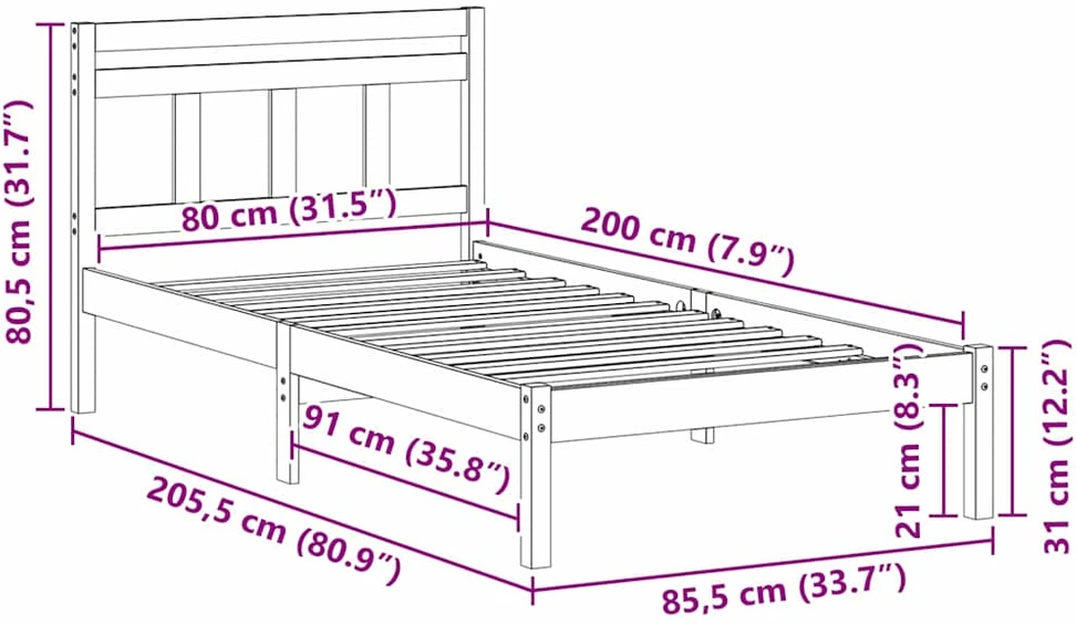 Lova Lovos rėmas Balta 80 x 200 cm Kietos pušies mediena