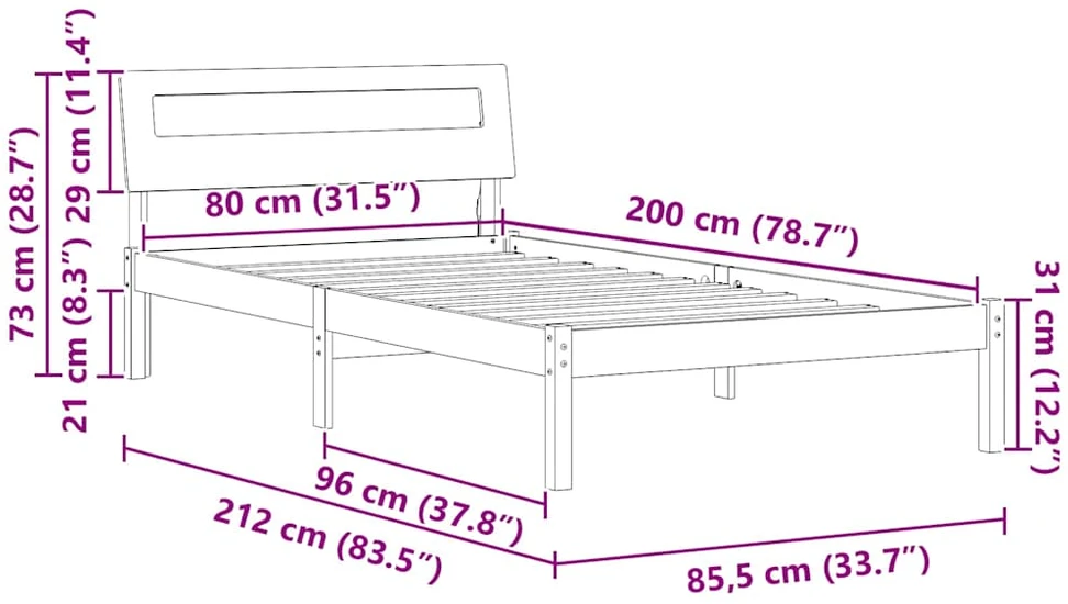 Lova Lovos rėmas Balta 80 x 200 cm Kietos pušies mediena