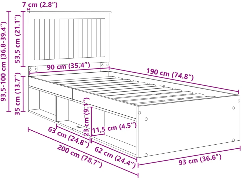 Lova Lovos rėmas Balta 90 x 190 cm Kietos pušies mediena