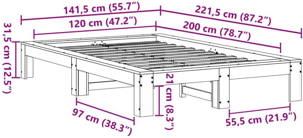 Lovos rėmas be čiužinio, 120x200cm, pušies medienos masyvas