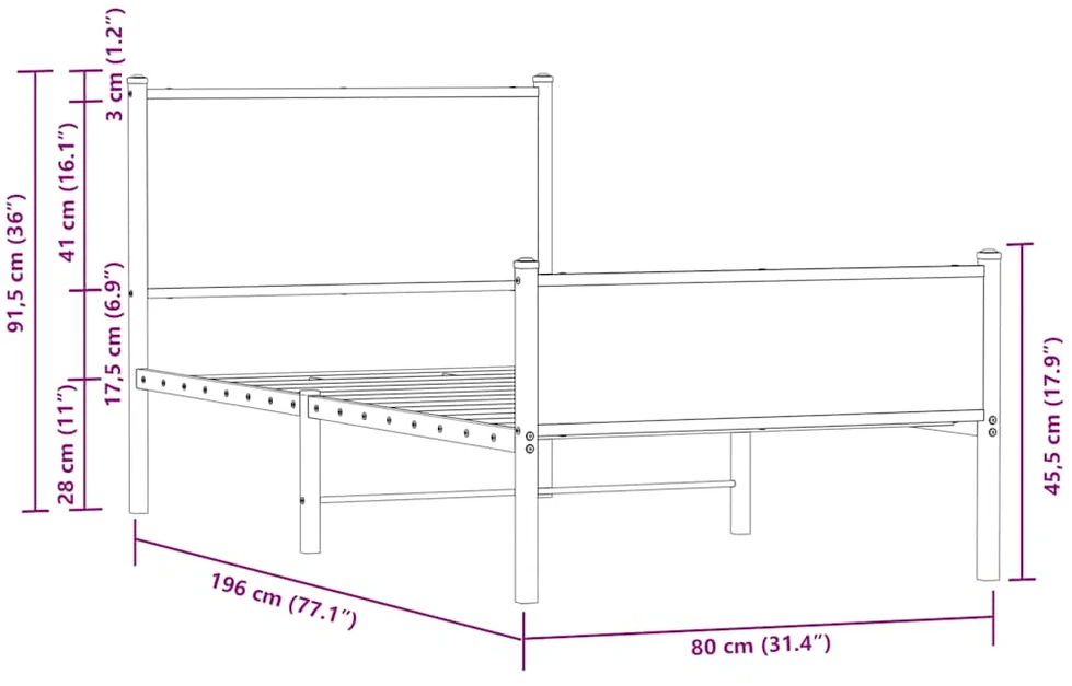 Lovos rėmas be čiužinio, dūminio ąžuolo, 75x190cm, metalas