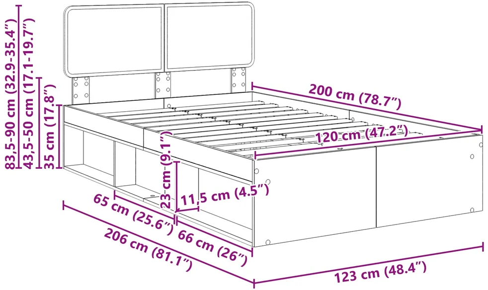Lova Lovos rėmas Betoninė 120 x 200 cm Kietos pušies mediena