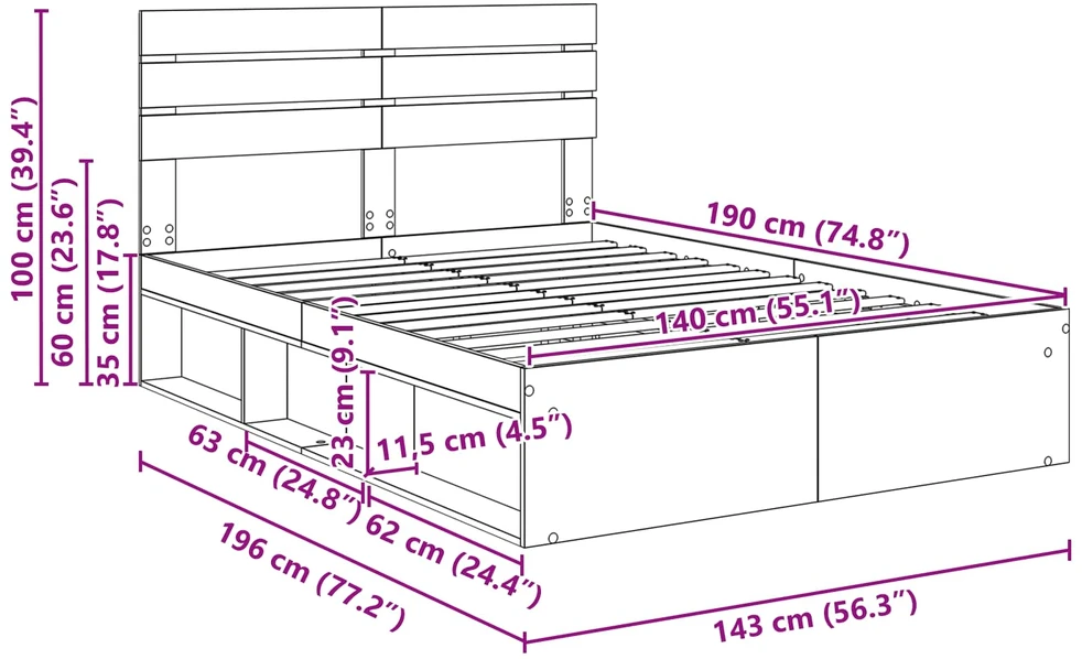 Lovos rėmas Betono pilka 140 x 190 cm Kietos pušies mediena