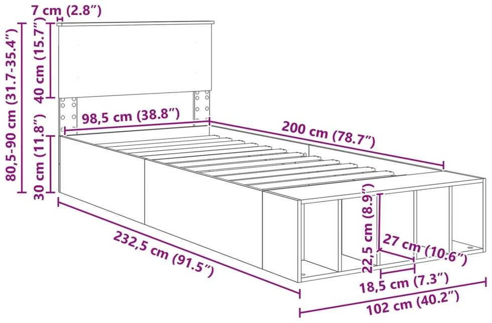 Lova Lovos rėmas Betono pilka 90 x 200 cm Apdirbta mediena