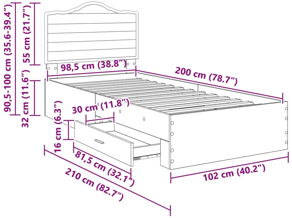 Lova Lovos rėmas Betono pilka 100 x 200 cm Apdirbta mediena