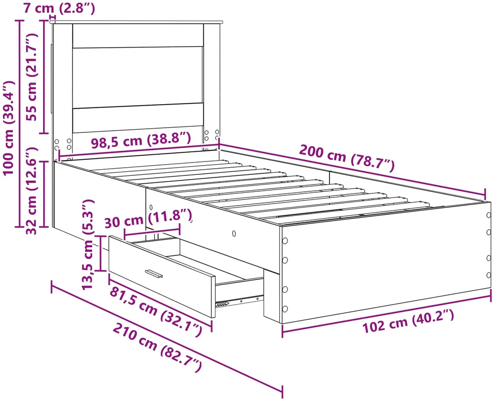 Lova Lovos rėmas Betono pilka 100 x 200 cm Apdirbta mediena