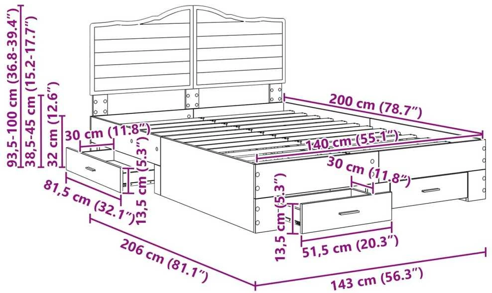 Lovos rėmas Betono pilka 140 x 200 cm Apdirbta mediena