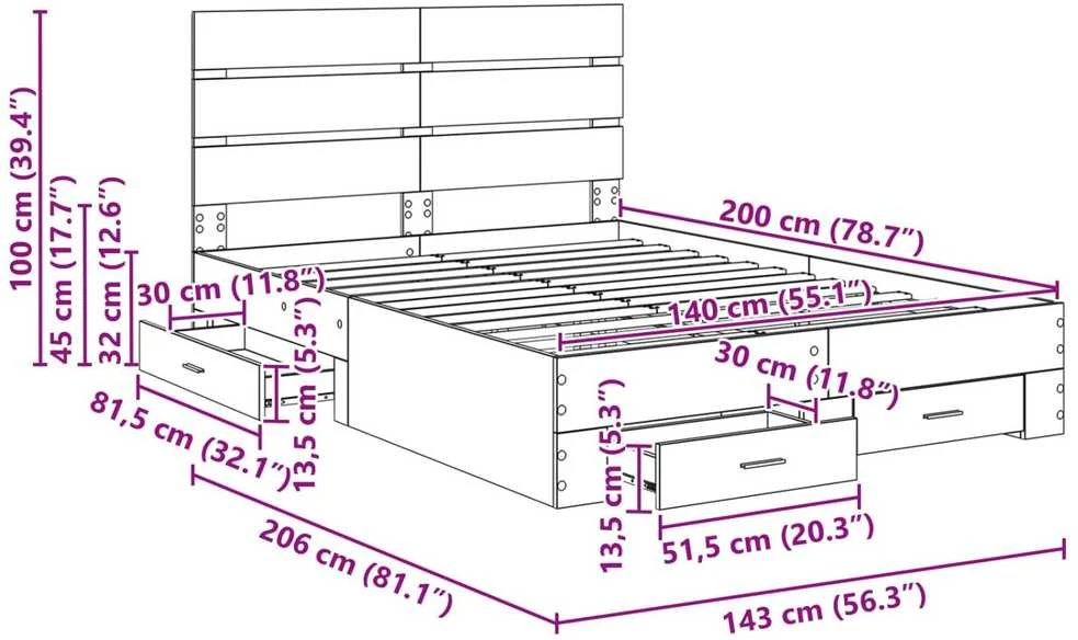 Lovos rėmas Betono pilka 140 x 200 cm Apdirbta mediena
