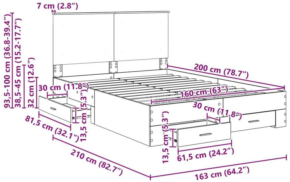 Lovos rėmas Betono pilka 160 x 200 cm Apdirbta mediena