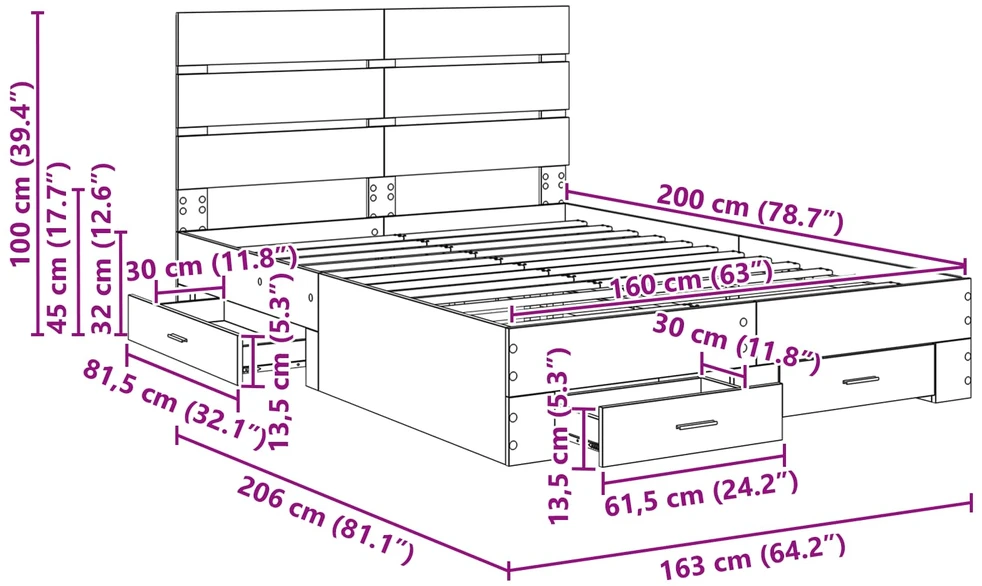 Lovos rėmas Betono pilka 160 x 200 cm Apdirbta mediena
