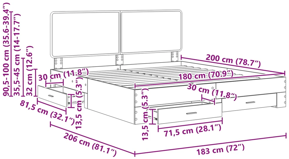 Lovos rėmas Betono pilka 180 x 200 cm Apdirbta mediena