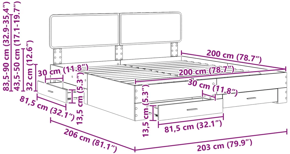 Lovos rėmas Betono pilka 200 x 200 cm Apdirbta mediena