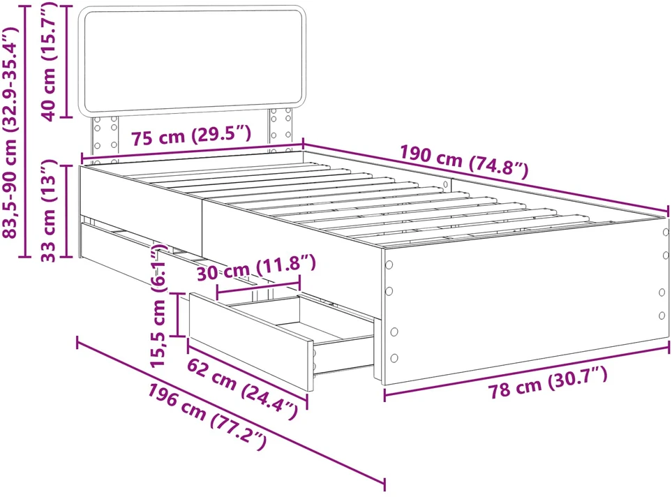 Lova Lovos rėmas Betono Pilka 75 x 190 cm Dirbtinė mediena
