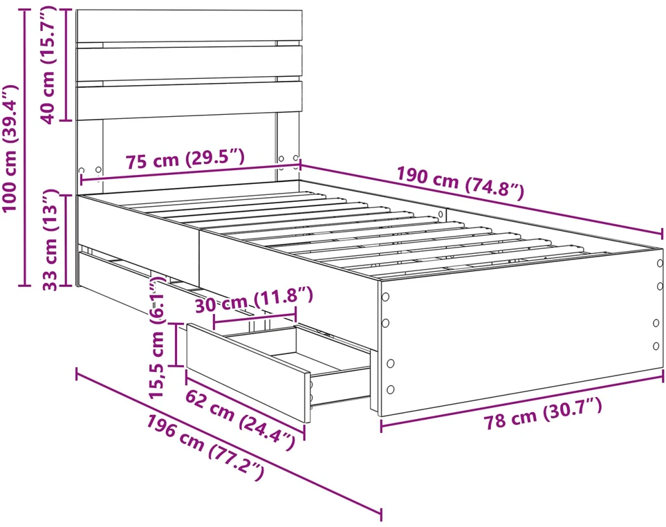 Lova Lovos rėmas Betono pilka 75 x 190 cm Inžinerinė mediena