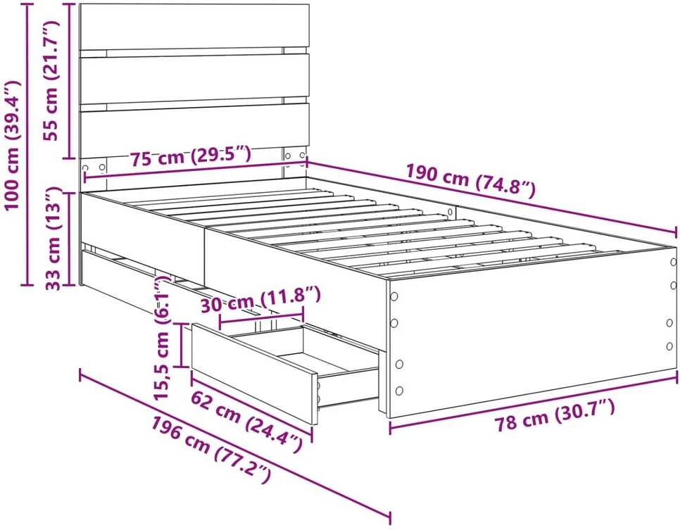 Lova Lovos rėmas Betono pilka 75 x 190 cm Inžinerinė mediena