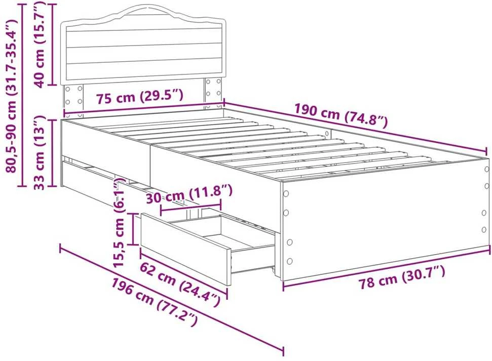 Lova Lovos rėmas Betono pilka 75 x 190 cm Inžinerinė mediena