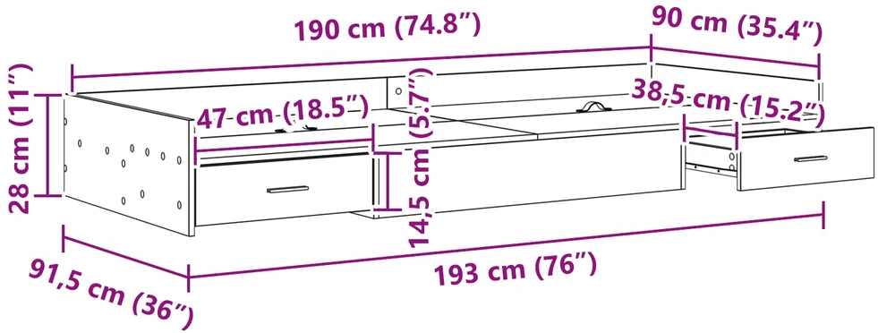Lova Lovos rėmas Betono pilka 90 x 190 cm Apdirbta mediena