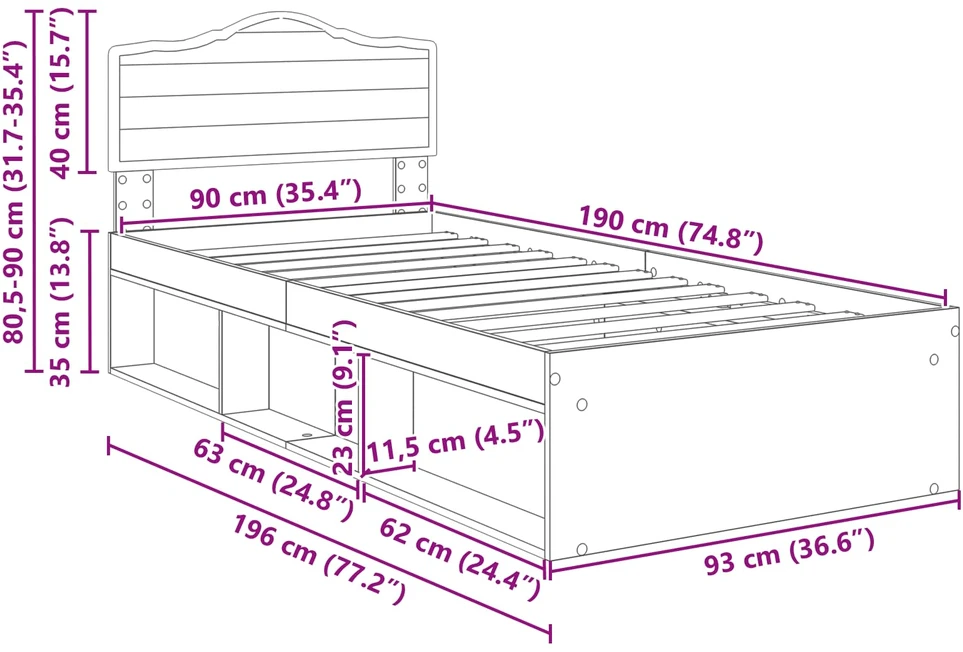 Lova Lovos rėmas Betono pilka 90 x 190 cm Kietos pušies mediena