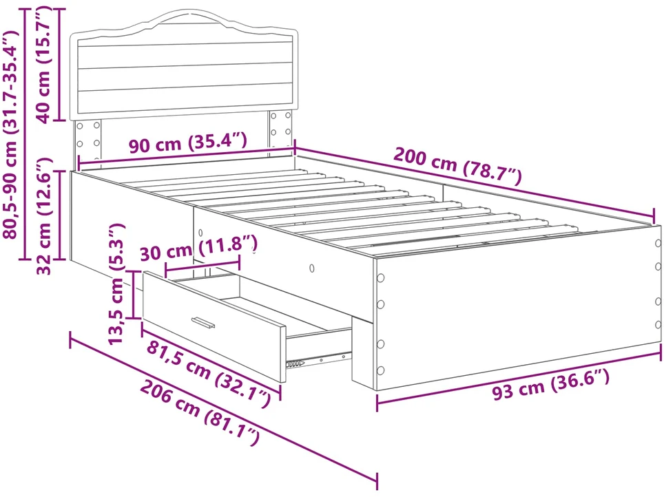 Lova Lovos rėmas Betono pilka 90 x 200 cm Apdirbta mediena