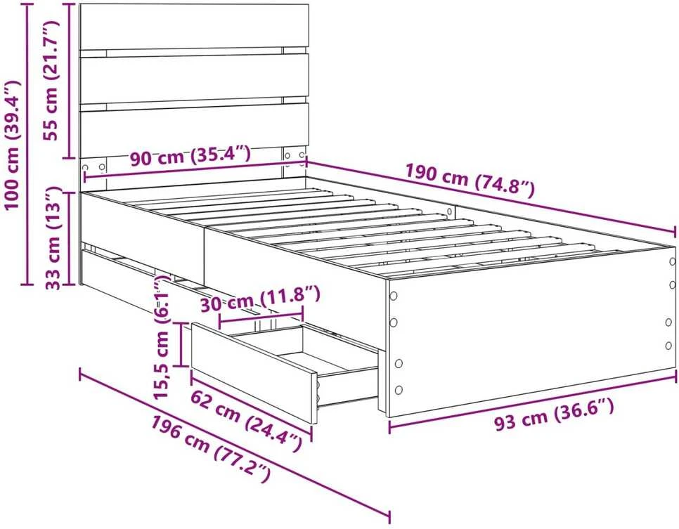 Lova Lovos rėmas Betono pilka 90 x 190 cm Inžinerinė mediena